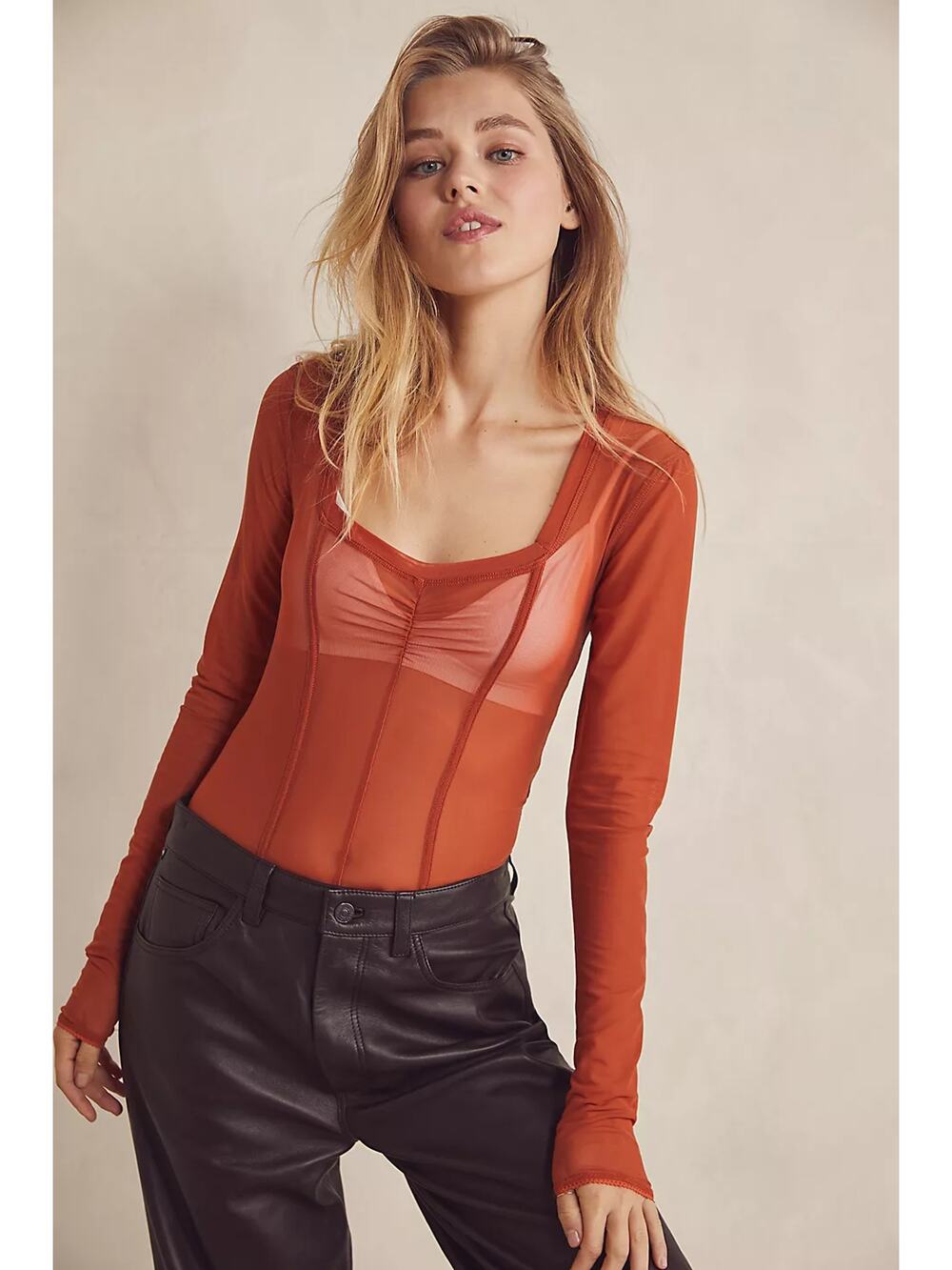 Free People FP Coffee Date Ruched Sheer Long Sleeve Bodysuit Rust Brown Size M